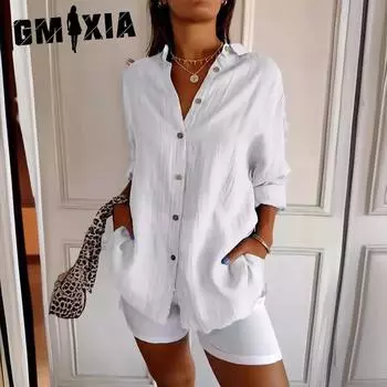 GMXIA Однобортная рубашка с плиссированными лацканами, женская, однотонная, с подтягивающимися рукавами S белый
