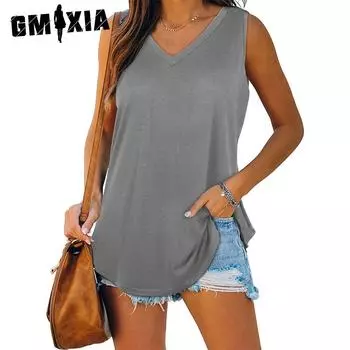 GMXIA однотонная футболка без рукавов с V-образным вырезом и принтом в виде ласточкина хвоста для женщин S