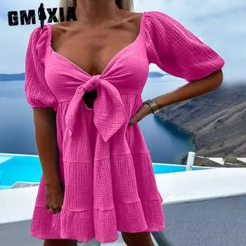 GMXIA Однотонное летнее модное платье с короткими рукавами и V-образным вырезом на шнуровке с принтом S розы красного