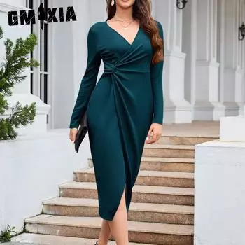 GMXIA однотонное осенне-зимнее однотонное платье с v-образным вырезом и тонким разрезом на талии, с длинными рукавами S синий