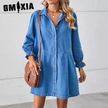 GMXIA Однотонное принтованное платье-поло свободного кроя с длинными рукавами в стиле пэчворк из денима миди для женщин S светло-синий