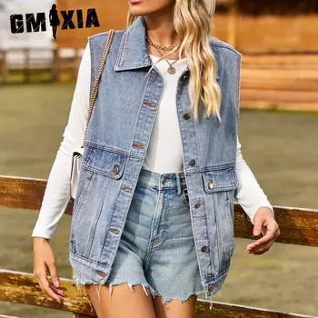GMXIA Однотонный джинсовый жилет с принтом, летний модный тренд с воротником-поло, безрукавка из денима для женщин S синий