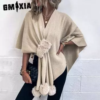 GMXIA однотонный меховой накидка свитер женский осенне-зимний шаль вязаный кардиган для женщин Uniform size