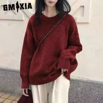 GMXIA Однотонный мягкий восковой ленивый ветровой свитер, универсальный свитер, осенне-зимний свободный универсальный свитер с круглым вырезом, толстый трикотаж One size жёлтый