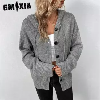 GMXIA Однотонный однобортный свитер с капюшоном для женщин, осенне-зимний вязаный кардиган на завязках, пальто для женщин S серый