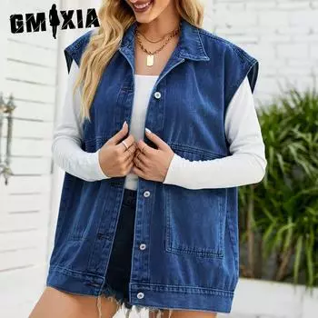 GMXIA Однотонный принт, летний весенний джинсовый жилет, женская летняя модная тенденция, джинсовый жилет без рукавов, куртки и пальто XS синий