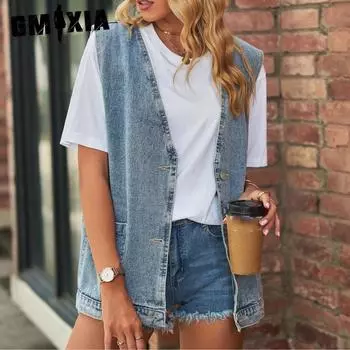 GMXIA Однотонный принт Лето Весна Джинсовый жилет Тренд Джинсовый жилет без рукавов Куртки и пальто S светло-синий