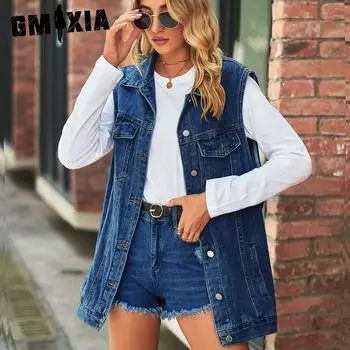GMXIA Однотонный принт лето весна без рукавов поло воротник ретро джинсовый жилет свободный повседневный женский тренд XS синий
