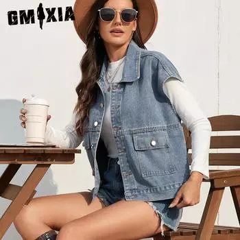 GMXIA Однотонный принт лето весна ретро джинсовый облегающий стираный жилет повседневный жилет для женщин куртки и пальто с воротником поло S синий