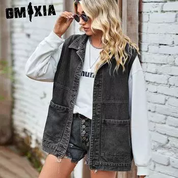 GMXIA Однотонный принт лето весна с капюшоном женский свободный повседневный топ джинсовый жилет и жилет куртки и пальто S синий