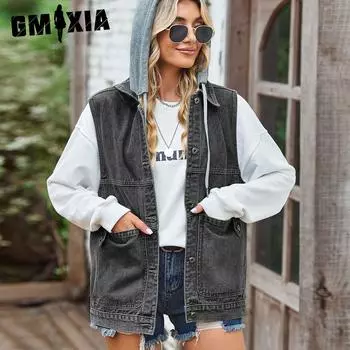 GMXIA Однотонный принт лето весна с капюшоном без рукавов женский свободный джинсовый жилет повседневный сзади S синий