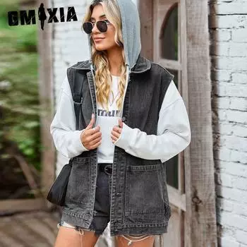 GMXIA Однотонный принт лето весна воротник поло женский свободный повседневный топ джинсовый жилет и жилет куртки и пальто S синий