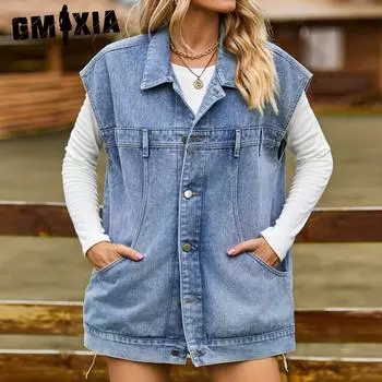 GMXIA Однотонный принт лето весна женская индивидуальная повседневная джинсовая жилетка с карманом поло воротник без рукавов куртки и пальто S синий