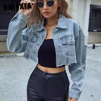 GMXIA Однотонный принт с длинным рукавом и воротником-поло для женщин, повседневные универсальные короткие модные джинсовые короткие куртки и пальто XS синий