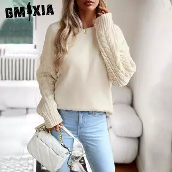 GMXIA Однотонный принт с круглым вырезом, свитер с длинным рукавом, топ для женщин, осенние и зимние свитера с длинным рукавом S чёрный