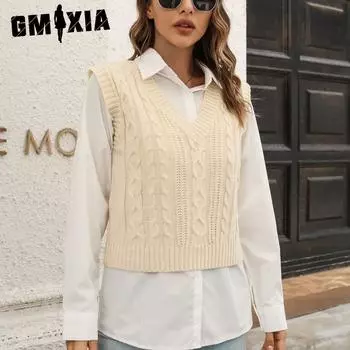 GMXIA однотонный принт твист жилет свитер женский жилет осенне-зимний вязаный свитер S абрикосовый