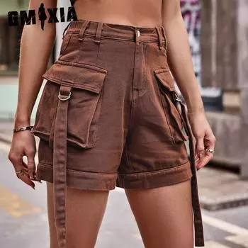 GMXIA Однотонный принт весна-осень джинсовый комбинезон повседневные шорты с карманами эластичный пояс для женщин S легкие хаки