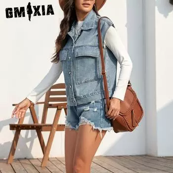 GMXIA Однотонный принт, женская летняя джинсовая жилетка с пряжками, тренд, безрукавки, воротник-поло, куртки и пальто S синий