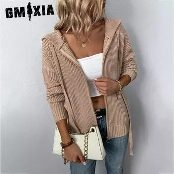 GMXIA Однотонный свитер с капюшоном на молнии, трикотажный свитер с карманом на шнурке, пальто-кардиган для осени и зимы S