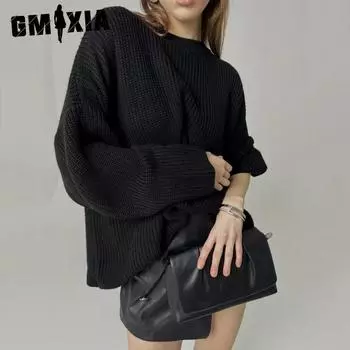 GMXIA Однотонный свитер с круглым вырезом, свободный свитер на весну и осень, свитер-пуловер для женщин S белый