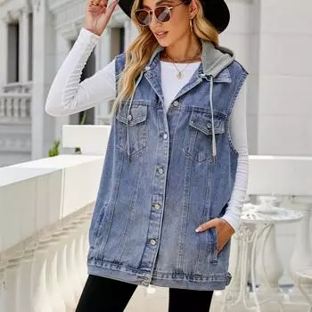 GMXIA Однотонный весенний женский жилет без рукавов с капюшоном из классического выстиранного денима, куртки и пальто XS черный серый