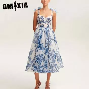 GMXIA Женское модное вечернее платье из органзы с открытыми плечами S синий