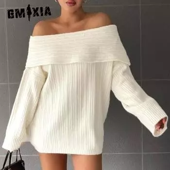 GMXIA Одно плечо без бретелек вязаный свитер женский осенний сексуальный длинный рукав свободный джемпер женский S белый
