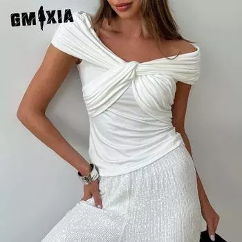 GMXIA One-shoulder T-shirt Summer Street Trend Hot Europe and The United States and The United States Top Ruched Strapless Short-sleeved T-shirt S белый