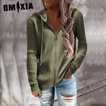 GMXIA Осень и зима Полосатый Повседневный Толстовка Свободный Трикотажный Кардиган Молния Длинные Рукава С Капюшоном Свитер Для Женщин S белый