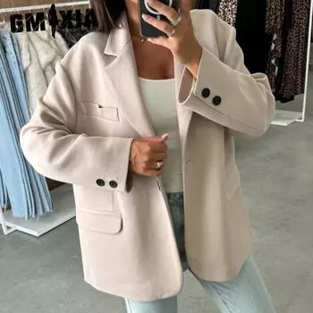 GMXIA Осень Зима Длинный рукав Костюм Воротник Однобортный Ткань Пальто Верх Женщина S белый