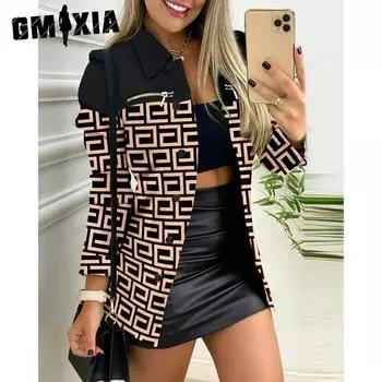 GMXIA Осень-зима Длинный рукав Молния Цветной принтованный лацкан Маленькое пальто S