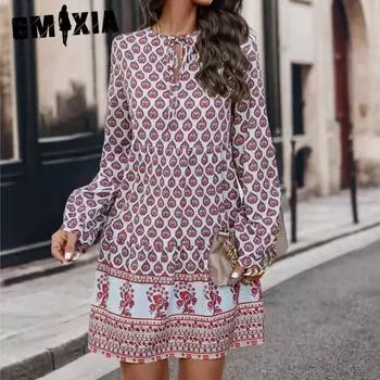GMXIA Осень-зима Длинный рукав Женское Позиционирование Печать Свободное Платье S красный