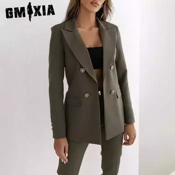 GMXIA Осень-зима двубортный однотонный модный пиджак для женщин Куртки и пальто S темно-синий