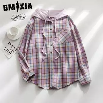 GMXIA осень-зима клетчатый принт с длинным рукавом женская толстовка с капюшоном осень-зима однобортная повседневная рубашка куртка S красный
