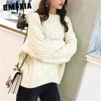 GMXIA Осень-зима ленивый конфетный цвет с закрученным круглым вырезом свитер свободный темперамент вязаный свитер для женщин One size оранжевый