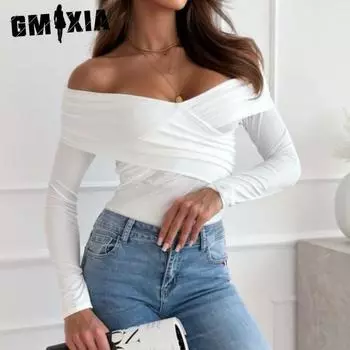 GMXIA осень-зима мода сексуальный с открытыми плечами длинный рукав однотонный топ футболка для женщин S белый