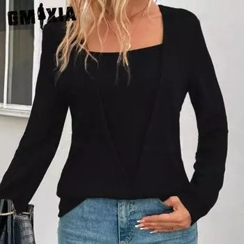 GMXIA Осень-зима однотонная свободная повседневная футболка с v-образным вырезом и крестом с длинными рукавами S серый