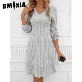 GMXIA Осень-зима однотонное женское трикотажное платье с V-образным вырезом и длинными рукавами в полоску, свободное модное платье S светло-серый