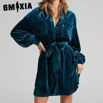 GMXIA Осень-зима Однотонный принт с длинным рукавом и воротником-поло Длинная рубашка Женское платье-канарейка S коричневый