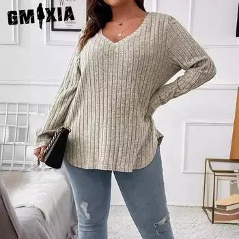 GMXIA Осень-зима Однотонный женский топ больших размеров с V-образным вырезом и длинным рукавом, шерстяная футболка в полоску, свободный покрой XL абрикосовый