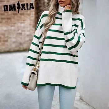 GMXIA Осень-зима Полосатый свитер с высоким воротом и длинным рукавом Женский трикотажный топ Женские свитера S белый