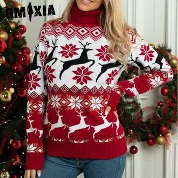 GMXIA Осень-зима рождественская женская рождественская жаккардовая водолазка с длинными рукавами и принтом лося S