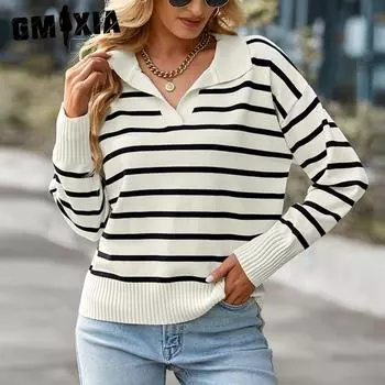 GMXIA Осень-зима с длинным рукавом и воротником-поло, женский полосатый свитер, блузка, женское платье S чёрный