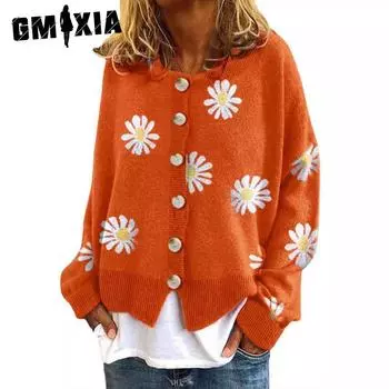 GMXIA Осень-зима свитер для женщин Маленький осенний кардиган с вышитыми хризантемами для женщин S хаки