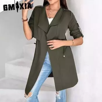 GMXIA Осень-зима свободный однотонный тренчкот с застежкой на талии и длинными рукавами для женщин, куртки и пальто S армия зеленый