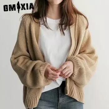 GMXIA Осень-зима свободный свитер женский кардиган с V-образным вырезом женские свитера One size чёрный