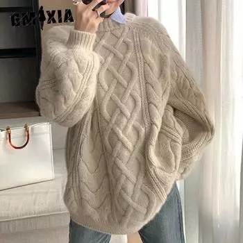 GMXIA Осень-зима Толстый свитер женский свободный ленивый стиль О-образный вырез утолщенный перекрученный трикотажный свитер One size жёлтый