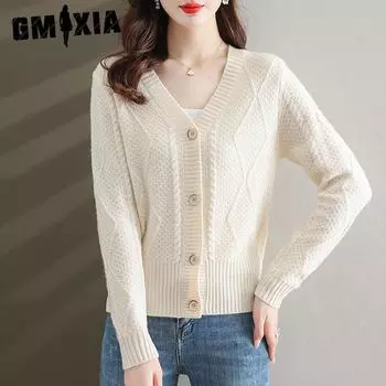 GMXIA Осень-зима V-образный вырез с короткой талией элегантная одежда для мам, уменьшающая возраст свободный свитер женский вязаный кардиган пальто One Size чёрный