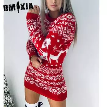 GMXIA Осень-зима Вязаный свитер Женское универсальное рождественское трикотажное платье с длинными рукавами S красный
