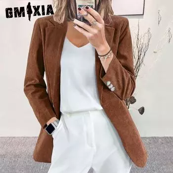 GMXIA осень-зима вельветовый кардиган облегающий однотонный повседневный профессиональный маленький пиджак S чёрный